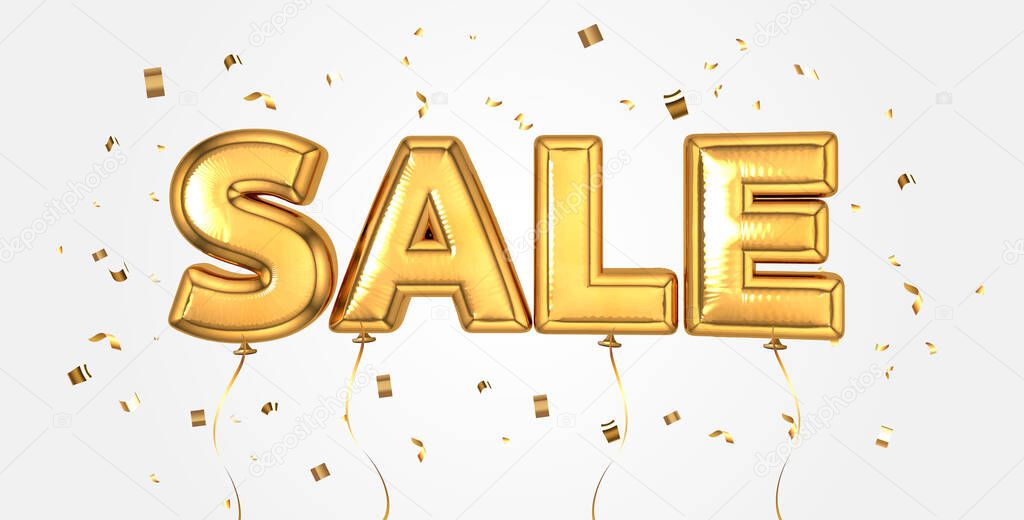 Elegant Gold sale celebration balloons background for store banner, advertising, shopping. Sale text letters with sparkling golden confetti, selling, web banner. Golden balloon special offer, price