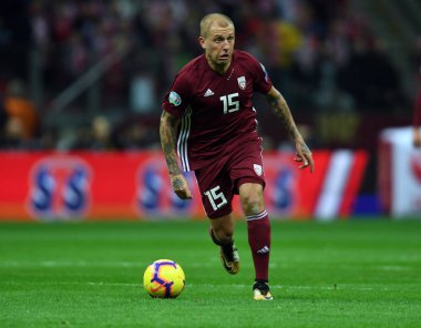 Deniss Rakels (Letonya) Uefa Euro 2020 sırasında eylem Polonya - Letonya 24 Mart 2019 yılında çizer, Varşova, Polonya Pge Ulusal Stadyumu Varşova Letonya ile 2:0 kazandı.