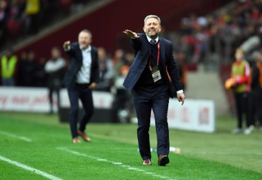 Jerzy Brzeczek Koç (Polonya) verir yönergeleri Uefa Euro 2020 sırasında Polonya çizer - 24 Mart 2019 yılında Letonya, Varşova, Polonya Pge Ulusal Stadyumu Varşova Letonya ile 2:0 kazandı