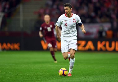 Eylem sırasında Uefa Euro 2020 yılında Robert Lewandowski (Polonya) Polonya - Letonya 24 Mart 2019 yılında çizer, Pge Ulusal Stadyumu Varşova, Polonya Varşova Letonya ile 2:0 kazandı.