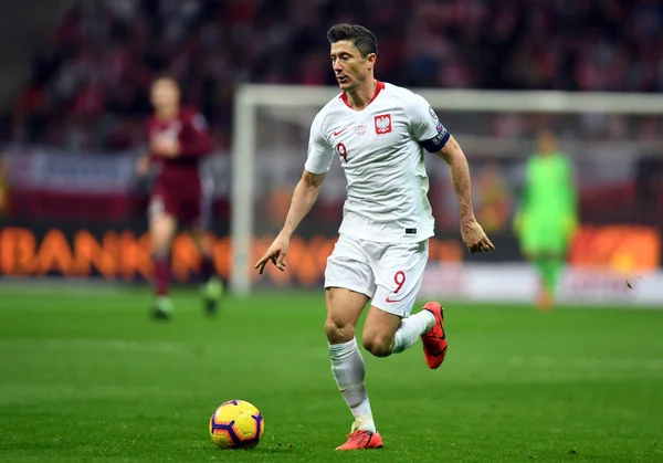 Robert Lewandowski Polonia Acción Durante Eurocopa 2020 Atrae Polonia Letonia —  Fotos de Stock