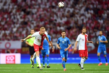Varşova, Polonya, 10 Haziran 2019: Euro 2020 elemeleri, grup aşamasında, Polonya Pge Narodowy'de Izarel ile 4:0 kazandı. Kamil Glik (Polonya) 