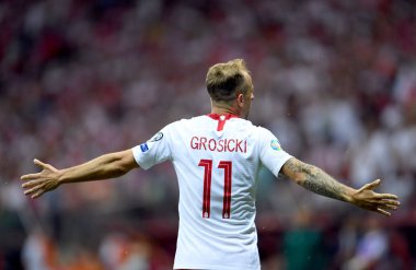Varşova, Polonya, 10 Haziran 2019: Euro 2020 elemeleri, grup aşamasında, Polonya Pge Narodowy'de Izarel ile 4:0 kazandı. Kamil Grosicki (Polonya) golünü kutluyor 