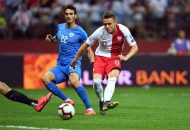 Varşova, Polonya, 10 Haziran 2019: Euro 2020 elemeleri, grup aşamasında, Polonya Pge Narodowy'de Izarel ile 4:0 kazandı. Damian Kadzior (Polonya) bir gol attı