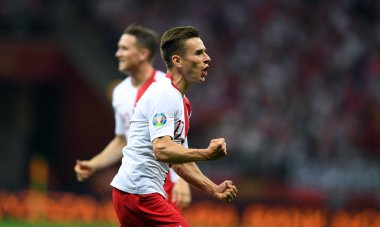 Varşova, Polonya, 10 Haziran 2019: Euro 2020 elemeleri, grup aşamasında, Polonya Pge Narodowy'de Izarel ile 4:0 kazandı. Damian Kadzior (Polonya) golünü kutluyor 