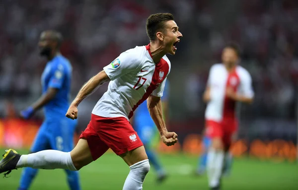Varşova, Polonya, 10 Haziran 2019: Euro 2020 elemeleri, grup aşamasında, Polonya Pge Narodowy'de Izarel ile 4:0 kazandı. Damian Kadzior (Polonya) golünü kutluyor 