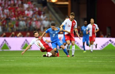 Varşova, Polonya, 10 Haziran 2019: Euro 2020 elemeleri, grup aşamasında, Polonya Pge Narodowy'de Izarel ile 4:0 kazandı. Grzegorz Krychowiak (Polonya) Manor Solomon (Izrael) Mateusz Klich (Polonya) 