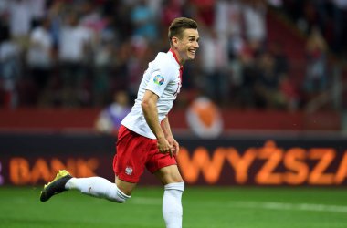 Varşova, Polonya, 10 Haziran 2019: Euro 2020 elemeleri, grup aşamasında, Polonya Pge Narodowy'de Izarel ile 4:0 kazandı. Damian Kadzior (Polonya) golünü kutluyor 