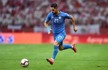 Varşova, Polonya, 10 Haziran 2019: Euro 2020 elemeleri, grup aşamasında, Polonya Pge Narodowy'de Izarel ile 4:0 kazandı. Beram Kayal (İzrael) 