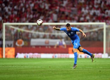 Varşova, Polonya, 10 Haziran 2019: Euro 2020 elemeleri, grup aşamasında, Polonya Pge Narodowy'de Izarel ile 4:0 kazandı. Nir Bitton (Izrael) başlıkları topu 