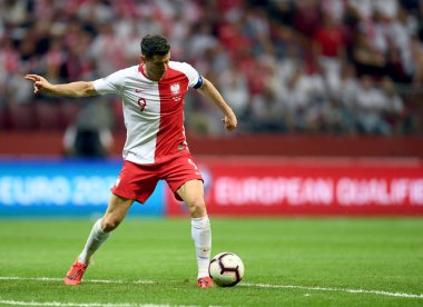 Varşova, Polonya, 10 Haziran 2019: Euro 2020 elemeleri, grup aşamasında, Polonya Pge Narodowy'de Izarel ile 4:0 kazandı. Robert Lewandowski (Polonya)) 
