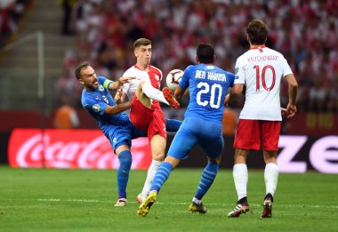 Varşova, Polonya, 10 Haziran 2019: Euro 2020 elemeleri, grup aşamasında, Polonya Pge Narodowy'de Izarel ile 4:0 kazandı. Bibras Natcho (Izrael) Krzysztof Piatek (Polonya)) 