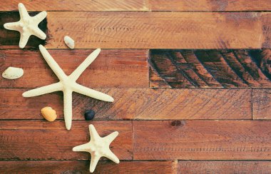 Ahşap masa üzerinde denizyıldızları ve kabukları ile yaz kompozisyon. V