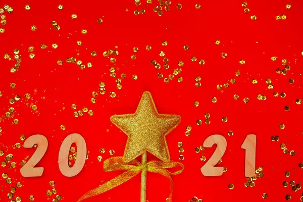 Christmas Composition Decorative Golden Star 2021 Figures Colorful Background Sequins — Stock Photo, Image