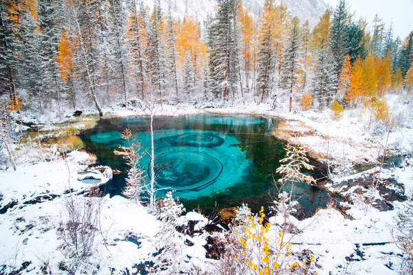 Fantastic blue geyser lake in the autumn forest. Altai, Russia.