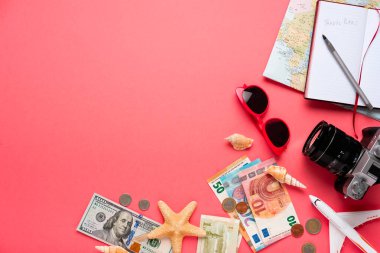 Uçak ve pembe bir arka plan üzerinde para. Seyahat kavramı.