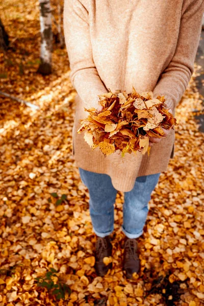 Portret van een herfst vrouw over gouden bladeren. Wandelen in het park op herfst seizoen vrouw — Stockfoto