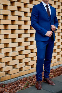 İşadamı tarzı. Erkekler tarzı. Özel uyarlanmış iş takım açık havada poz içinde adam