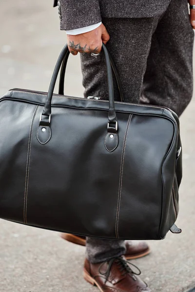 Businessman style. Men style. Businessman with road bag