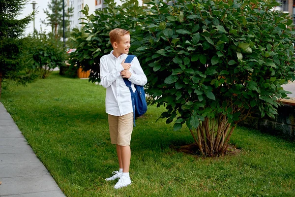 Giovane scolaro elementare che porta lo zaino. Bambino allegro in piedi all'aperto — Foto Stock
