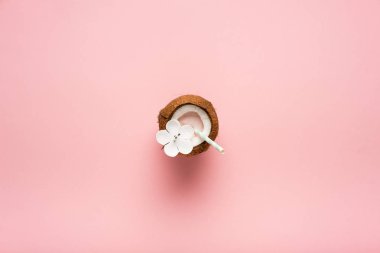 Yaz serinletici içecekler. Pastel pembe arka plan üzerine Hindistan cevizi içki. Trendy Yaz rengi.