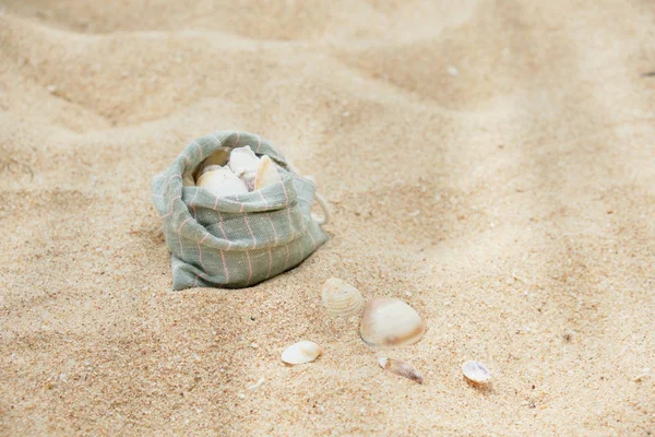 Sea Shell raccolti per borsa di lino Sfondo di sabbia — Foto Stock