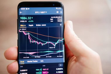Tyumen, Rusya - 18 Temmuz 2019: Kripto para borsası mobil ticaret Bitcoin