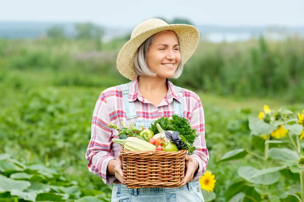 Mujer sosteniendo una cesta llena de hortalizas orgánicas de cosecha y raíz en la granja biológica Bio. Cosecha Vegetal de Otoño — Foto de Stock