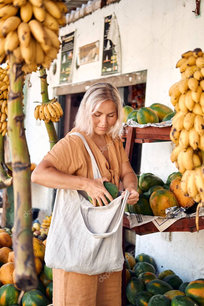 Woman Buy Fresh Papaya at Tropical Local Market