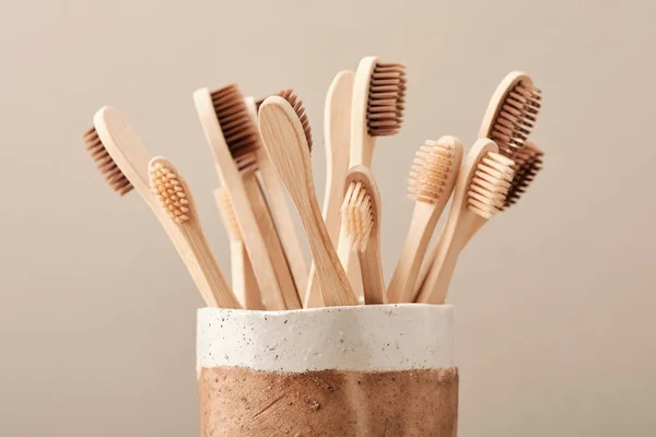 Wooden Eco Toothbrush in Brown Ceramic Cup