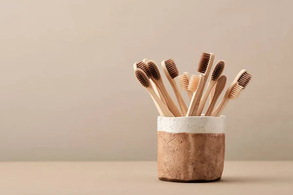 Wooden Eco Toothbrush in Brown Ceramic Cup