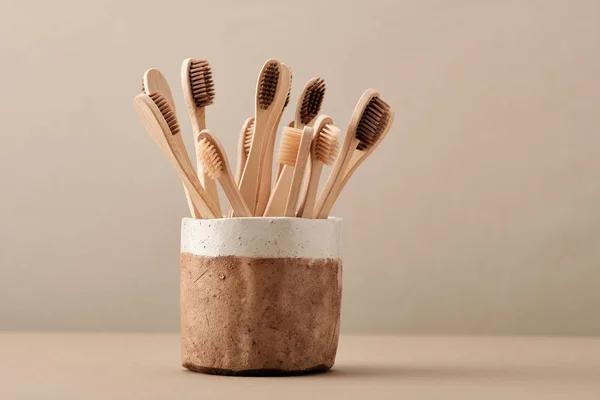 Drewniana szczoteczka Eco w brązowym Pucharze ceramicznym — Zdjęcie stockowe