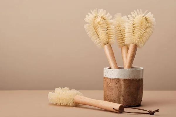 Kitchen Dish Brushes in Brown Ceramic Cup