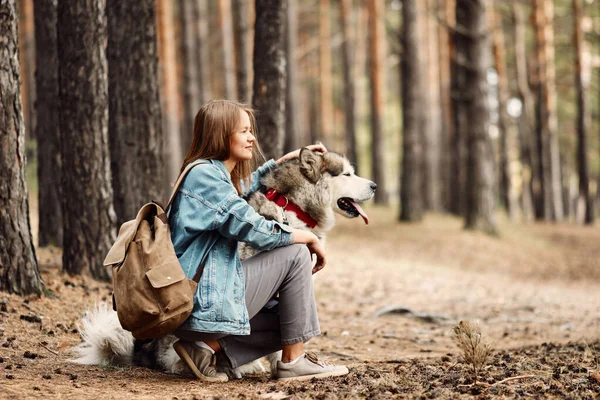 Νεαρή κοπέλα με το σκύλο της, Αλάσκα Μαλαμουτέ, Υπαίθρια το φθινόπωρο. Κατοικίδιο κατοικίδιο — Φωτογραφία Αρχείου