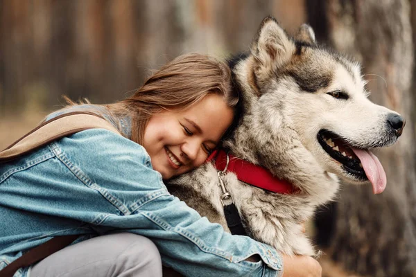 Junges Mädchen mit ihrem Hund, Alaska Malamute, im Herbst im Freien. Haustier — Stockfoto