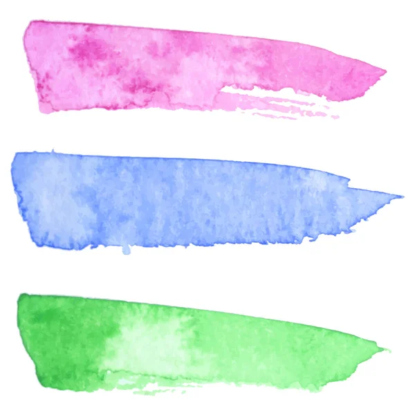 Ensemble de trois bannières en papier vectoriel coloré étiquettes avec coup de pinceau peint à la main aquarelle taches fond. — Image vectorielle