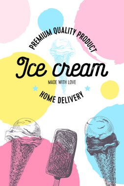 Dondurma posteri, retro el çizimi vektör çizimi.
