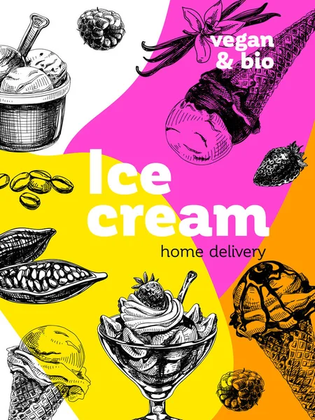 Cartaz de sorvete, ilustração vetorial desenhada à mão retrô. — Vetor de Stock