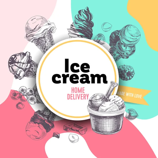 Kruhový rám pro nálepku zmrzliny, zaoblený tradičními sušenkami a cukrovinkami, ručně kreslený vektorový obrázek. — Stockový vektor