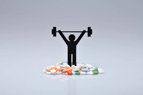 Gewichtheben Piktogramm Mit Pillen Und Grauem Hintergrund — Stockfoto