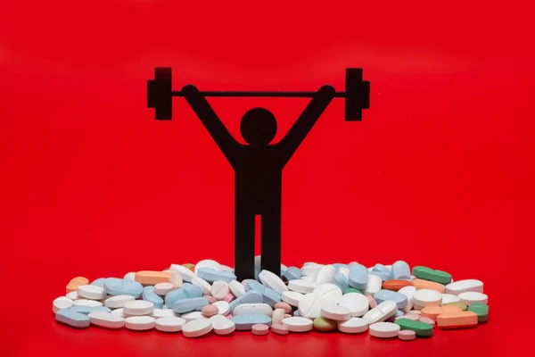 Gewichtheben Piktogramm Mit Pillen Und Rotem Hintergrund — Stockfoto