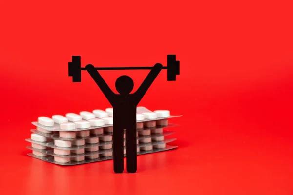 Gewichtheben Piktogramm Mit Pillen Und Maßband Roter Hintergrund — Stockfoto