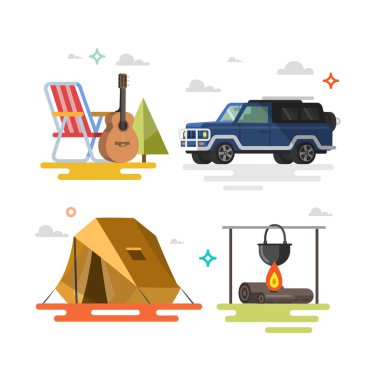 Kamp. Kamp ekipmanları simgeler kümesi.