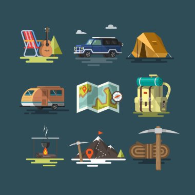 Kamp. Kamp ekipmanları simgeler kümesi.