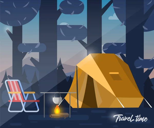 Acampamento, tenda e fogueira . — Vetor de Stock
