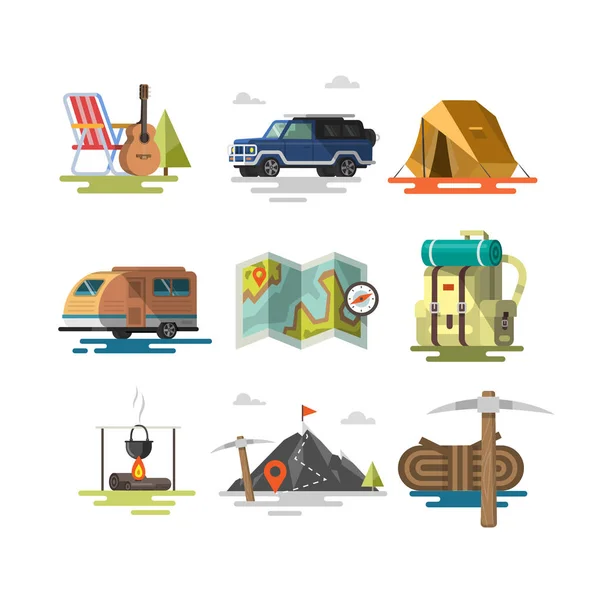 Acampar. Conjunto de equipamentos de acampamento símbolos e ícones . — Vetor de Stock
