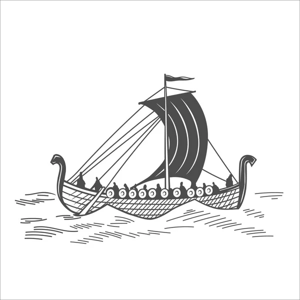 Barco viejo con guerreros — Vector de stock