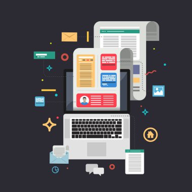 İçerik pazarlama. Düz tasarım bloglama ve Smm kavramı. 