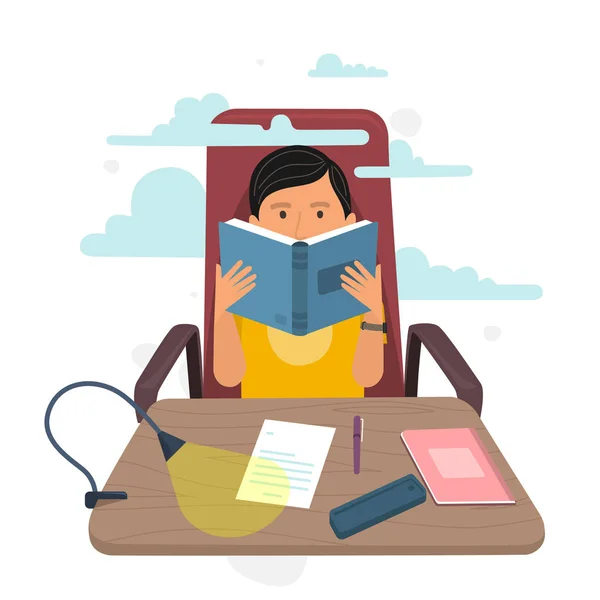 Joven leyendo libro en silla en casa . — Vector de stock