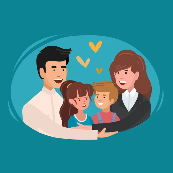 A mãe e o pai a abraçar o filho. Pais felizes e criança em família amorosa. Personagens de desenhos animados bonitos . — Vetor de Stock